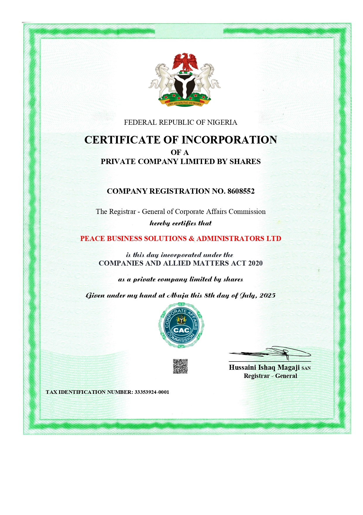 CAC Registration Certificate